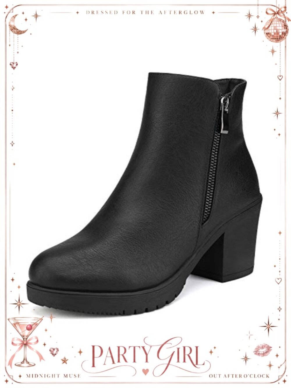 Women's PU Leather Block Heel Ankle Boots Side Zip Booties